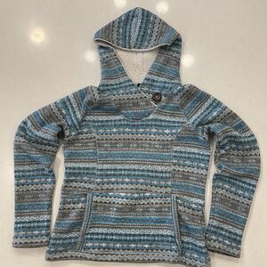 Koppen Blue Gray Fair Isle Sherpa Lined Hooded Sweater Womens Large Button Neck